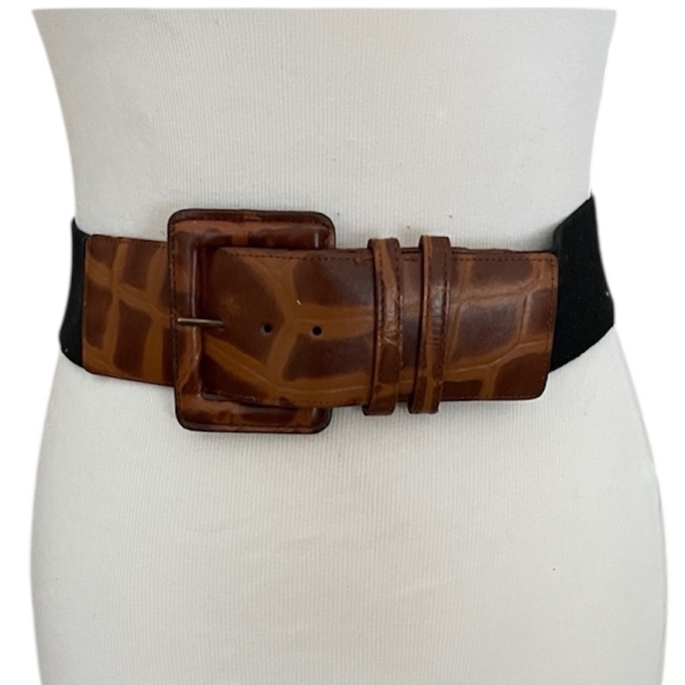 Vintage Tan Brown & Black Vegan Leather Stretch Belt Wide Statement Buckle